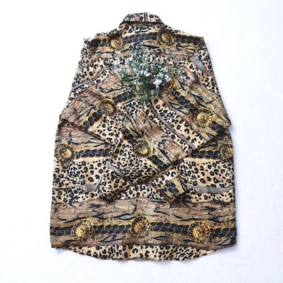 GIOVANNI 100% Silk Blouse Brown Black Leopard Print Oversized Collar L-Sleeve - Picture 5 of 13